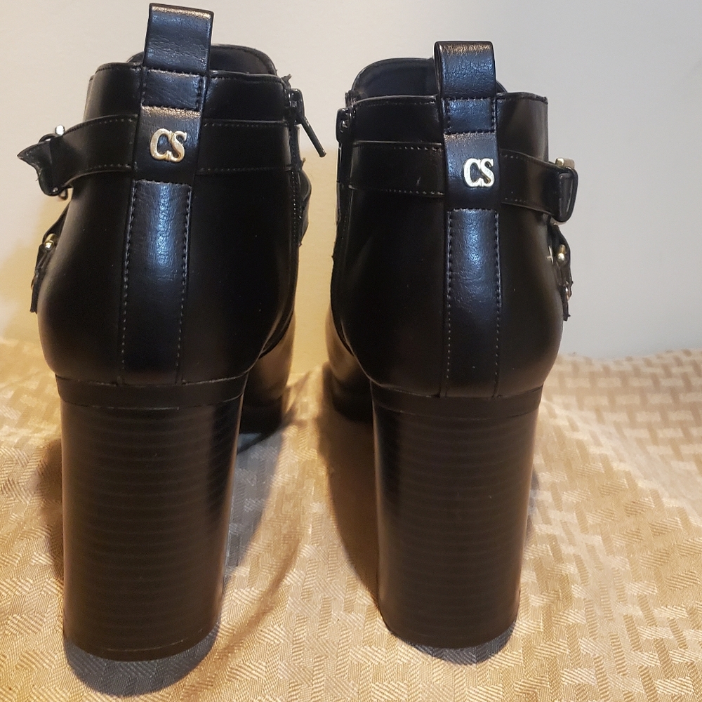 Christian Siriano black chunky block heel zip up ankle boots gold accents SZ 10 - Picture 4 of 5